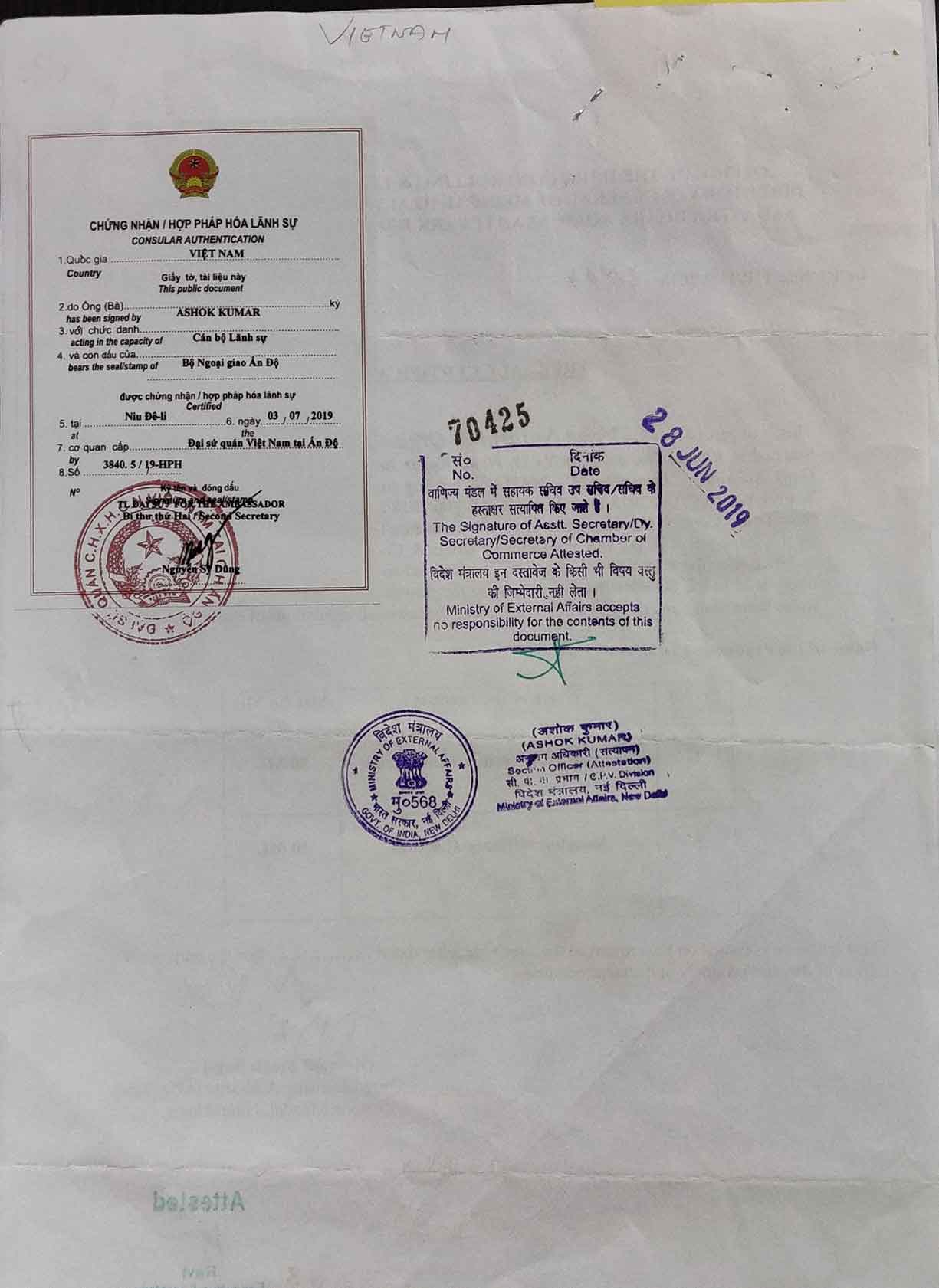 Document of Vietnam Embassy Attestation