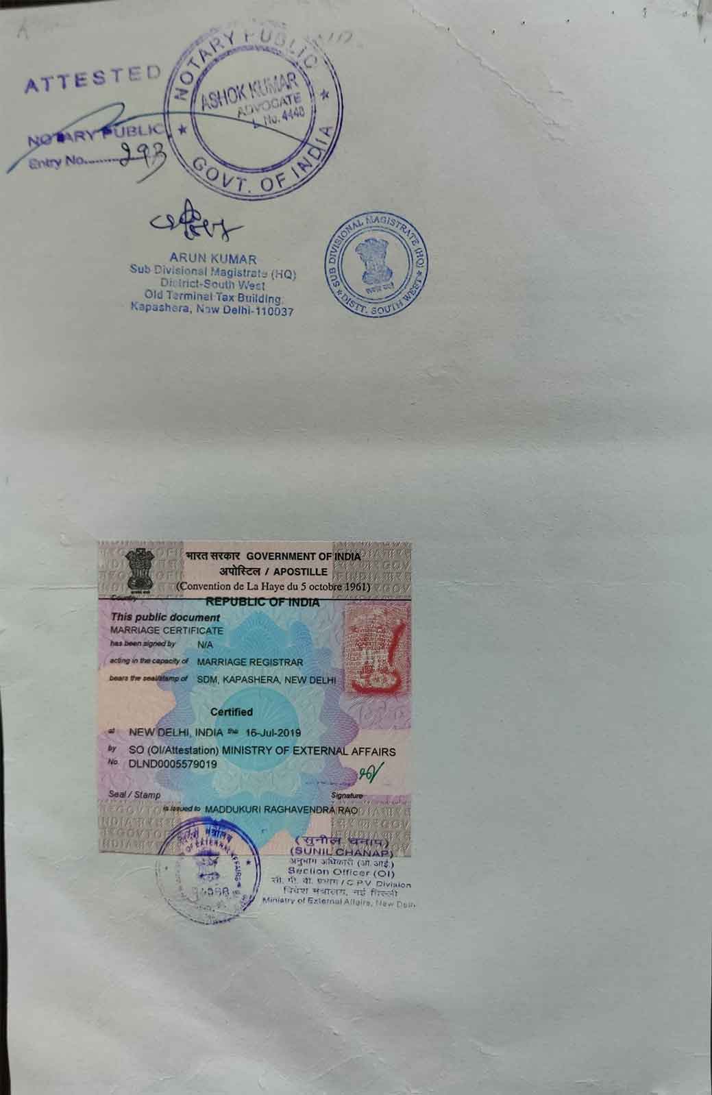 Document for apostille attestation