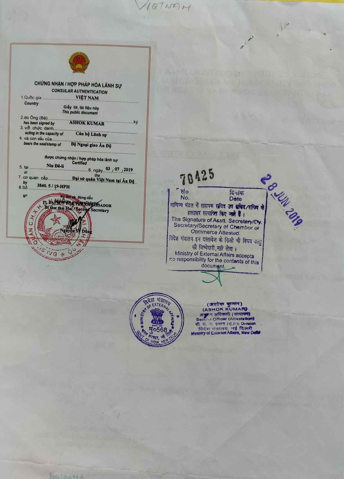 Vietnam Embassy Attestation Document